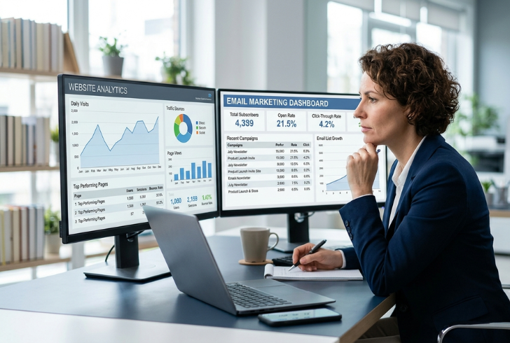A business owner reviews email marketing and website traffic to grow sales.